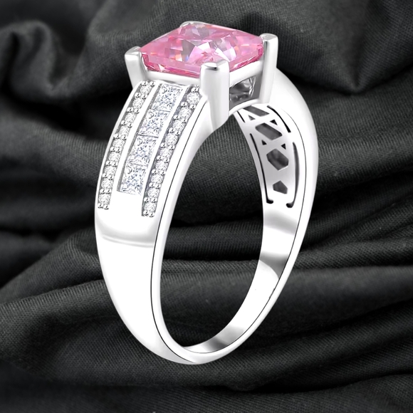 NWT PINK & WHITE MOISSANITE DIAMOND RING IN PLATINUM OVER STERLING SILVER SZ 10 - Picture 3 of 11